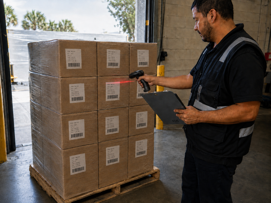 Inbound pallet received and scanned against purchase order